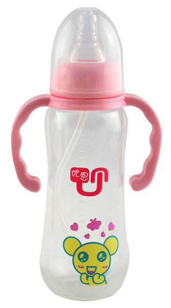 優(yōu)恩粉色標(biāo)口帶手柄PP奶瓶240ml