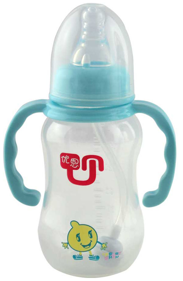 優(yōu)恩標(biāo)口帶手柄藍色PP奶瓶180ml