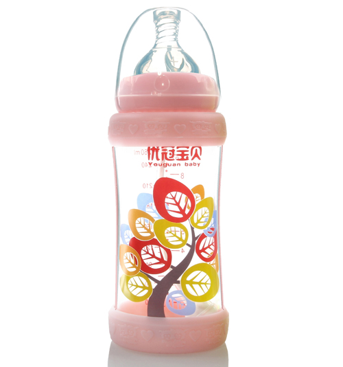 優(yōu)冠寶貝標(biāo)口防護(hù)玻璃奶瓶260ml紅色