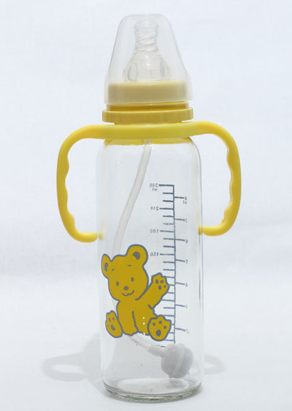 新兒寶標(biāo)口240ml直身雙耳帶吸管玻璃奶瓶