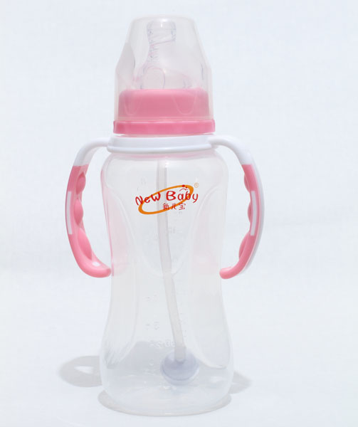 新兒寶粉白色標口240ml雙色雙耳自動菱腰形PP奶瓶