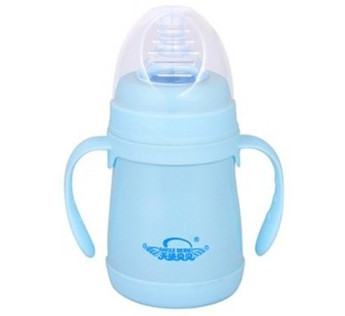 天使貝貝帶手柄不銹鋼奶瓶藍色