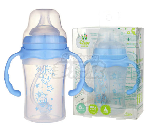 迪士尼寶寶寬口徑手柄吸管硅膠奶瓶(小號(hào))150ml藍(lán)色