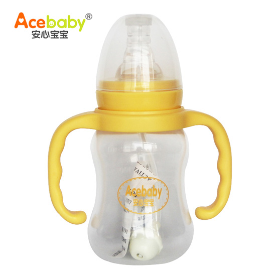 安心寶寶125ml標口圓弧形雙耳自動PP奶瓶黃色手柄