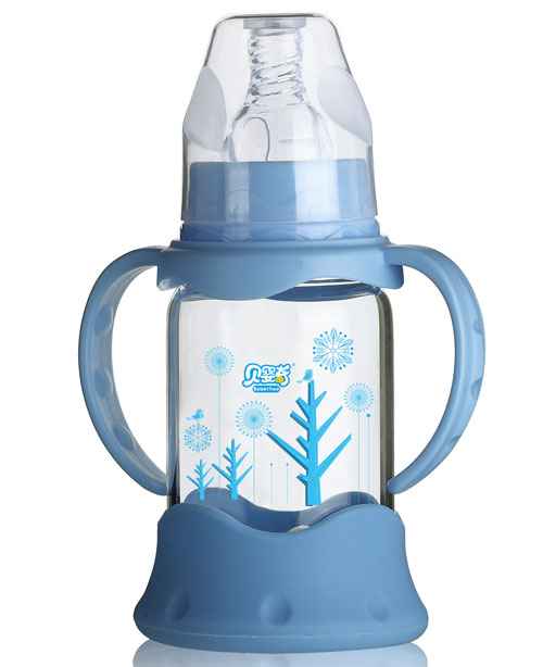 貝嬰奇120m防爆感溫標口晶鉆玻璃奶瓶藍色