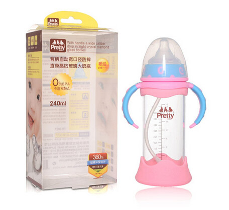 prettybaby有柄自動寬口徑防摔直身晶鉆玻璃大奶瓶240ML