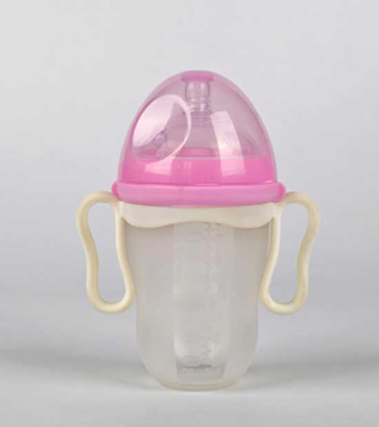 亨特貝貝超寬口硅膠奶瓶250ml帶手柄紅色