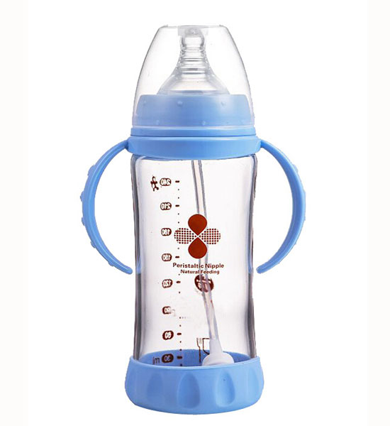 Happy100防脹氣帶手柄寬口徑奶瓶藍色