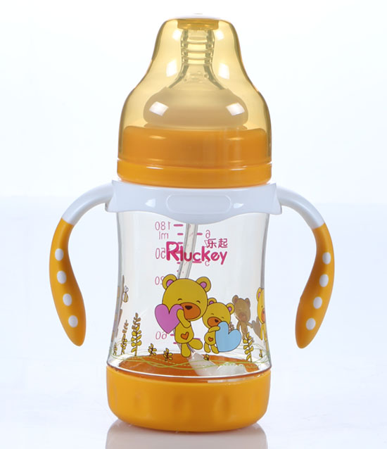 樂起180mL弧形帶柄防滑奶瓶黃色