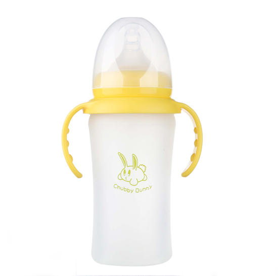 丘比兔硅膠寬口徑自動(dòng)把手奶瓶黃色