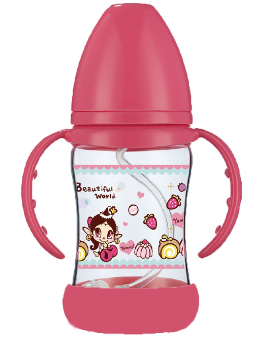 紐優(yōu)180ML感溫玻璃防摔奶瓶粉色