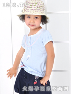 小豬班納藍(lán)色圓領(lǐng)短袖針織衫