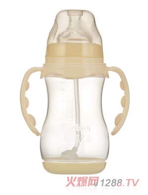 嬰之美寬口雙耳自動(dòng)圓弧PP奶瓶帶底300ML乳白色