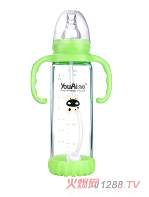 幼愛帶柄自動吸防摔感溫晶鉆玻璃標(biāo)口奶瓶240ml