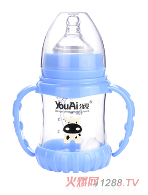 幼愛帶柄自動吸防摔感溫晶鉆玻璃寬口奶瓶150ml